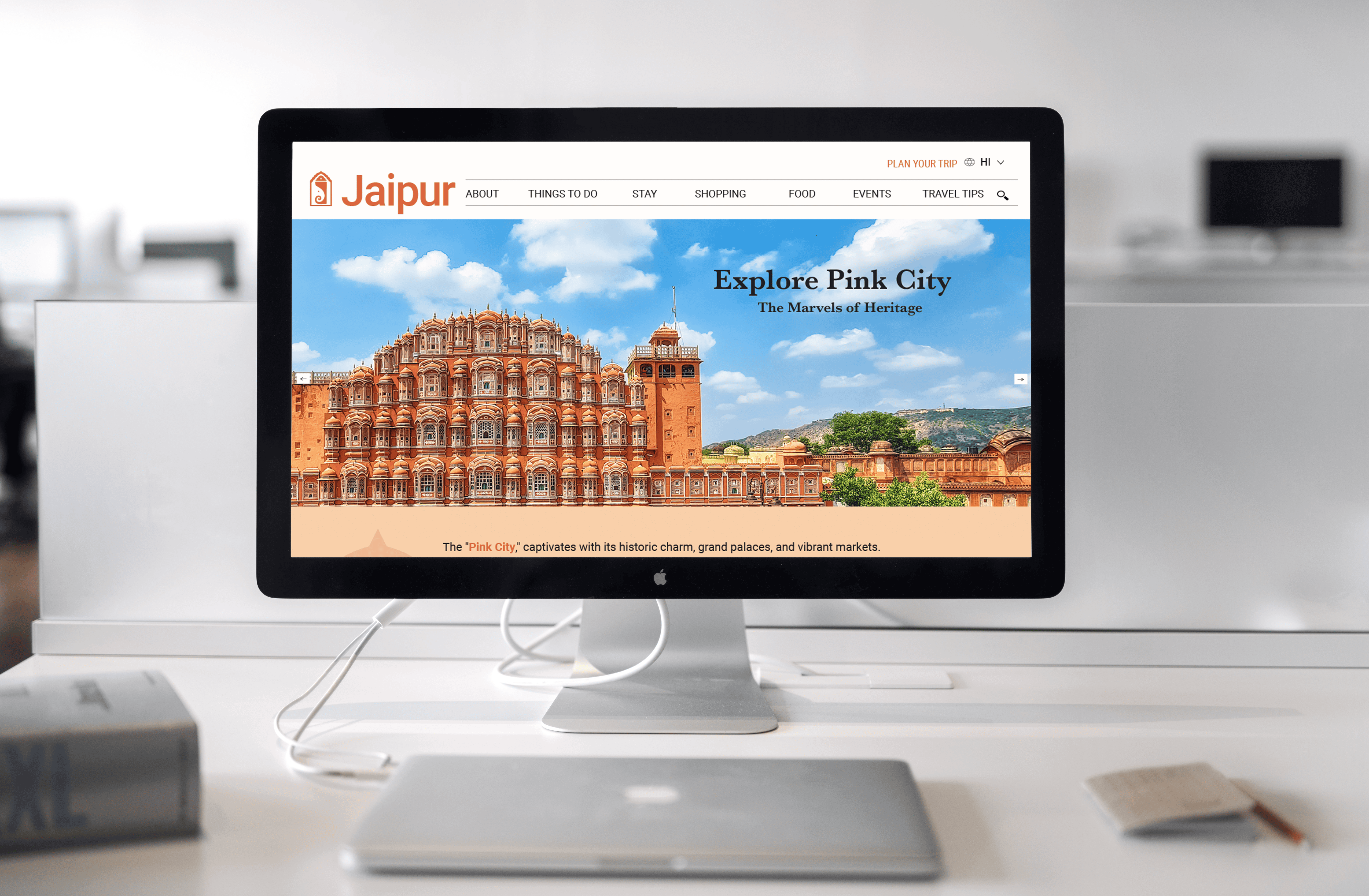 Website interface mockup for Jaipur Travel Campaign shown on a desktop computer