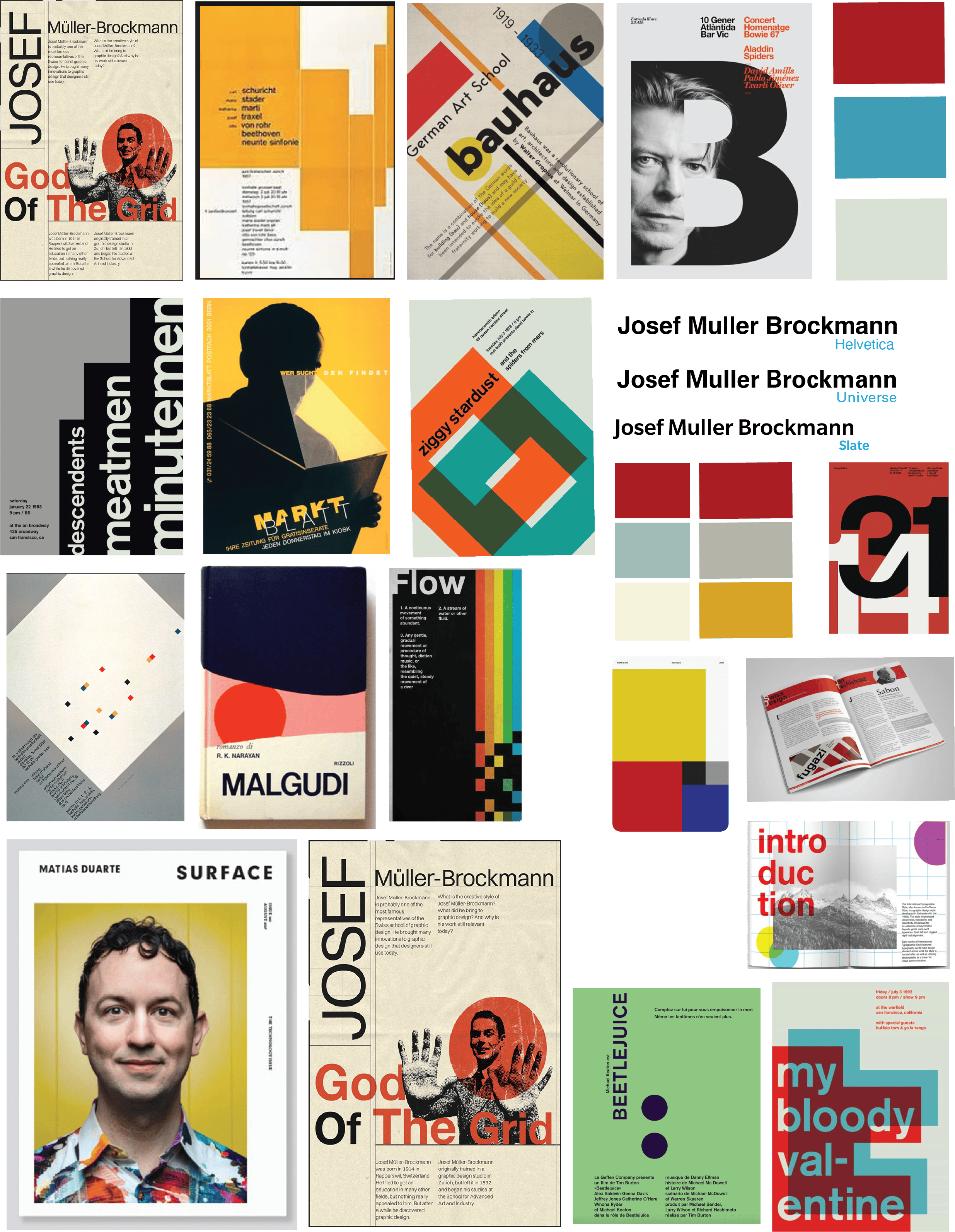 Mood board with typographic references, grid studies, and neutral color palette for JMB booklet