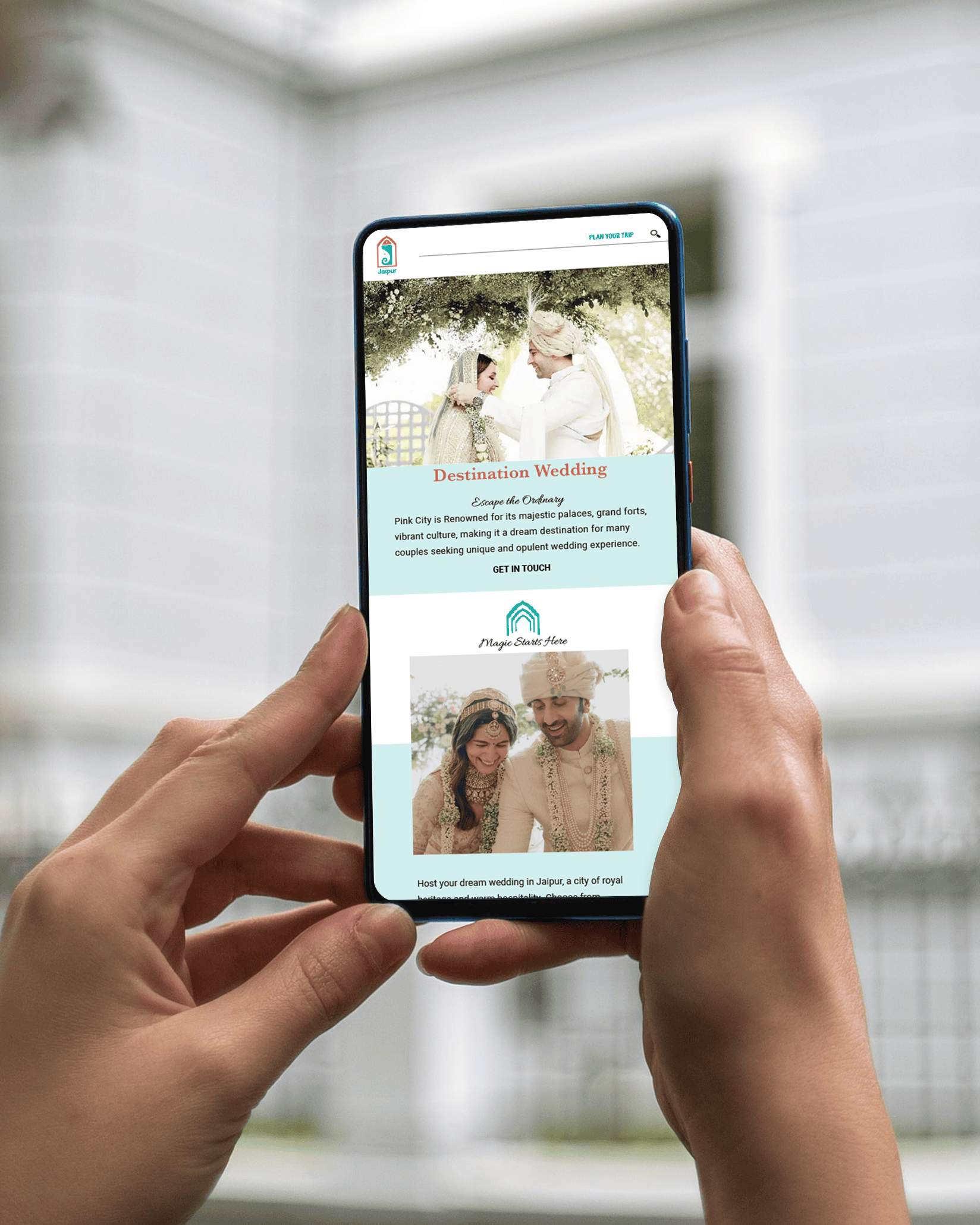 Mobile app screen mockup featuring Jaipur Travel Campaign visuals